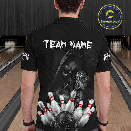 Man wearing funny Grim Reaper smoke black bowling team jersey polo shirt featuring smoky Grim Reaper artwork, back view.