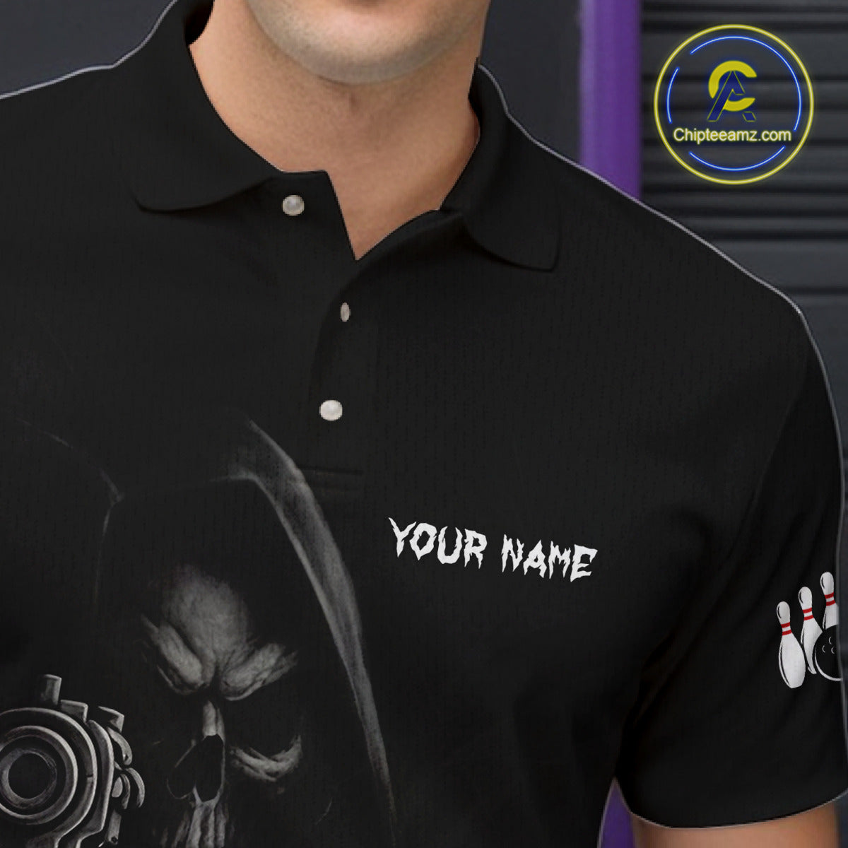 Close-up of the funny Grim Reaper smoke black bowling team jersey polo shirt showing the collar, buttons, premium performance fabric and detailed Grim Reaper smoke graphics.