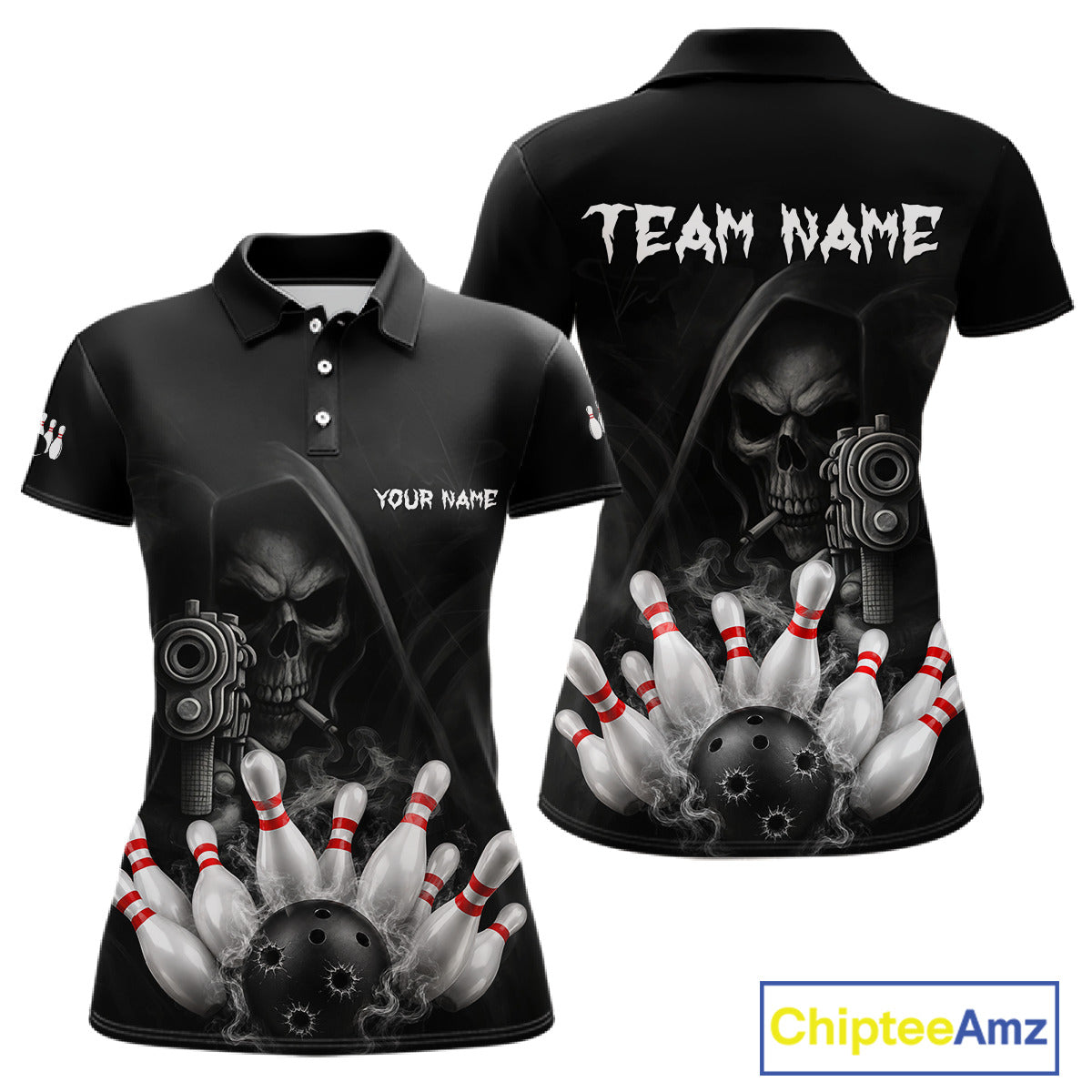 Funny Grim Reaper smoke black bowling team jersey polo shirt for women featuring a dark Grim Reaper with smoky artwork, premium custom bowling league apparel for tournaments and competitive bowling teams.