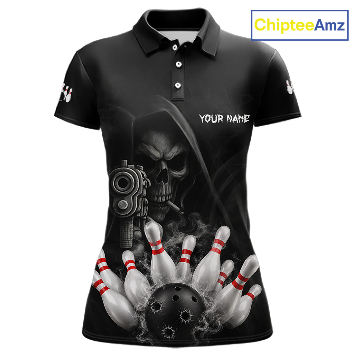 Funny Grim Reaper smoke black bowling team jersey polo shirt for women featuring a dark Grim Reaper with smoky artwork, premium custom bowling league apparel for tournaments and competitive bowling teams.