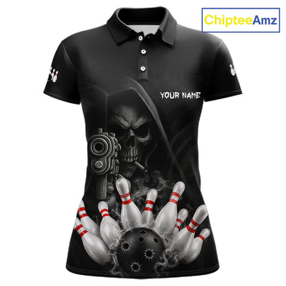 Funny Grim Reaper smoke black bowling team jersey polo shirt for women featuring a dark Grim Reaper with smoky artwork, premium custom bowling league apparel for tournaments and competitive bowling teams.