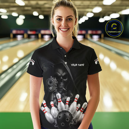 Woman wearing funny Grim Reaper smoke black bowling team jersey polo shirt featuring smoky Grim Reaper artwork, back view.