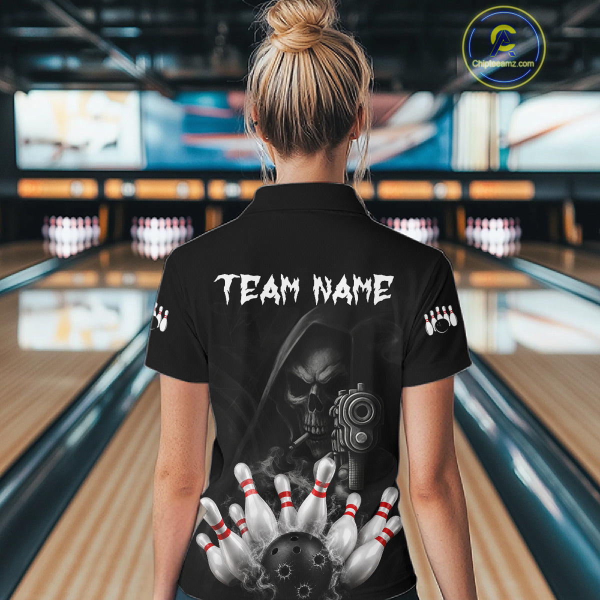 Woman wearing funny Grim Reaper smoke black bowling team jersey quarter zip shirt featuring smoky Grim Reaper artwork, front view.