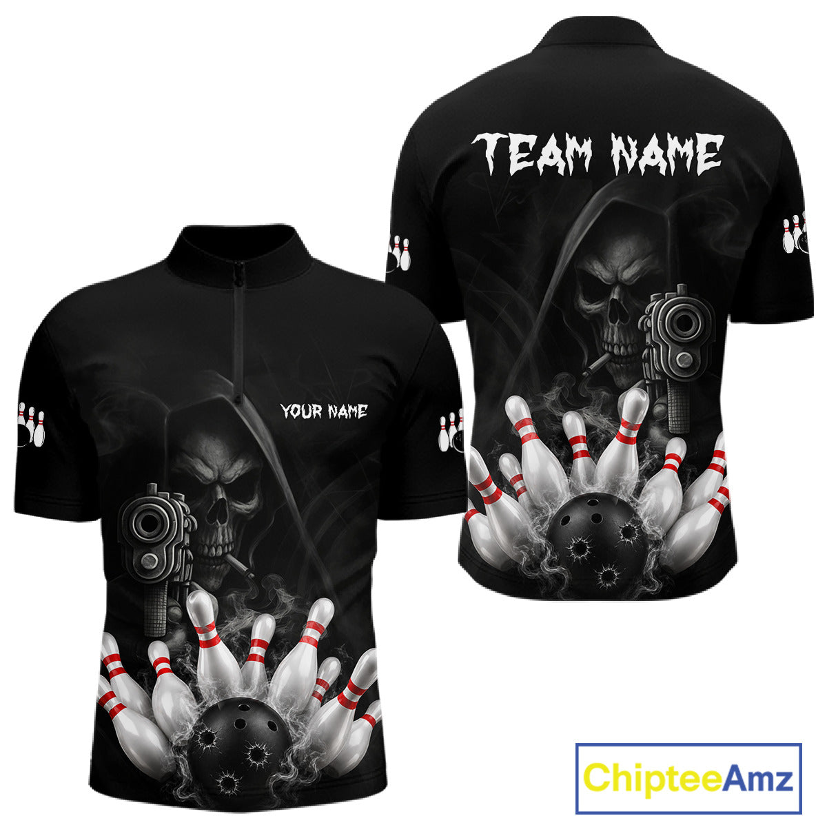 Funny Grim Reaper smoke black bowling team jersey quarter zip shirt for men featuring detailed Grim Reaper smoke graphics, premium custom bowling league apparel.