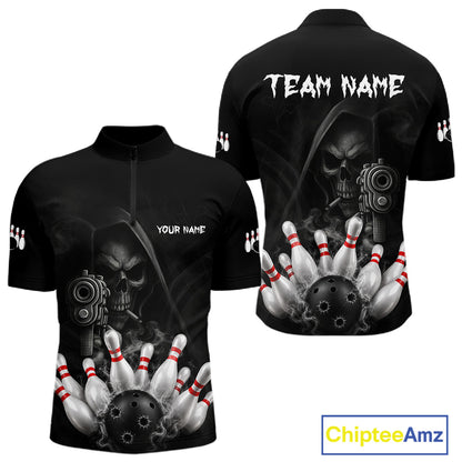Funny Grim Reaper smoke black bowling team jersey quarter zip shirt for men featuring detailed Grim Reaper smoke graphics, premium custom bowling league apparel.
