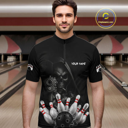 Man wearing funny Grim Reaper smoke black bowling team jersey quarter zip shirt featuring smoky Grim Reaper artwork, front view.