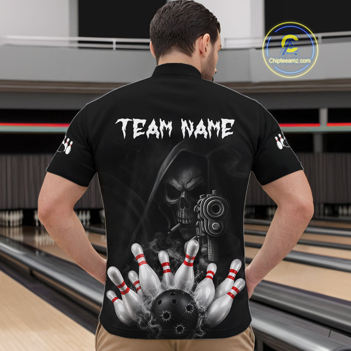 Man wearing funny Grim Reaper smoke black bowling team jersey quarter zip shirt featuring smoky Grim Reaper artwork, back view.