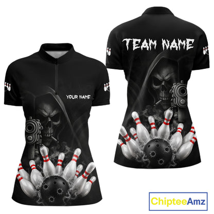 Funny Grim Reaper smoke black bowling team jersey quarter zip shirt for women featuring detailed Grim Reaper smoke graphics, premium custom bowling league apparel.
