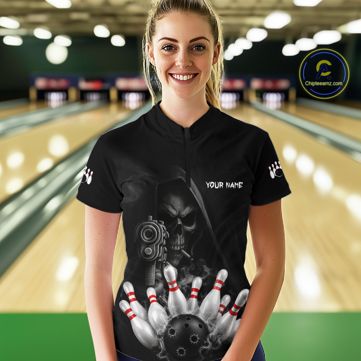 Woman wearing funny Grim Reaper smoke black bowling team jersey polo shirt featuring smoky Grim Reaper artwork, front view.