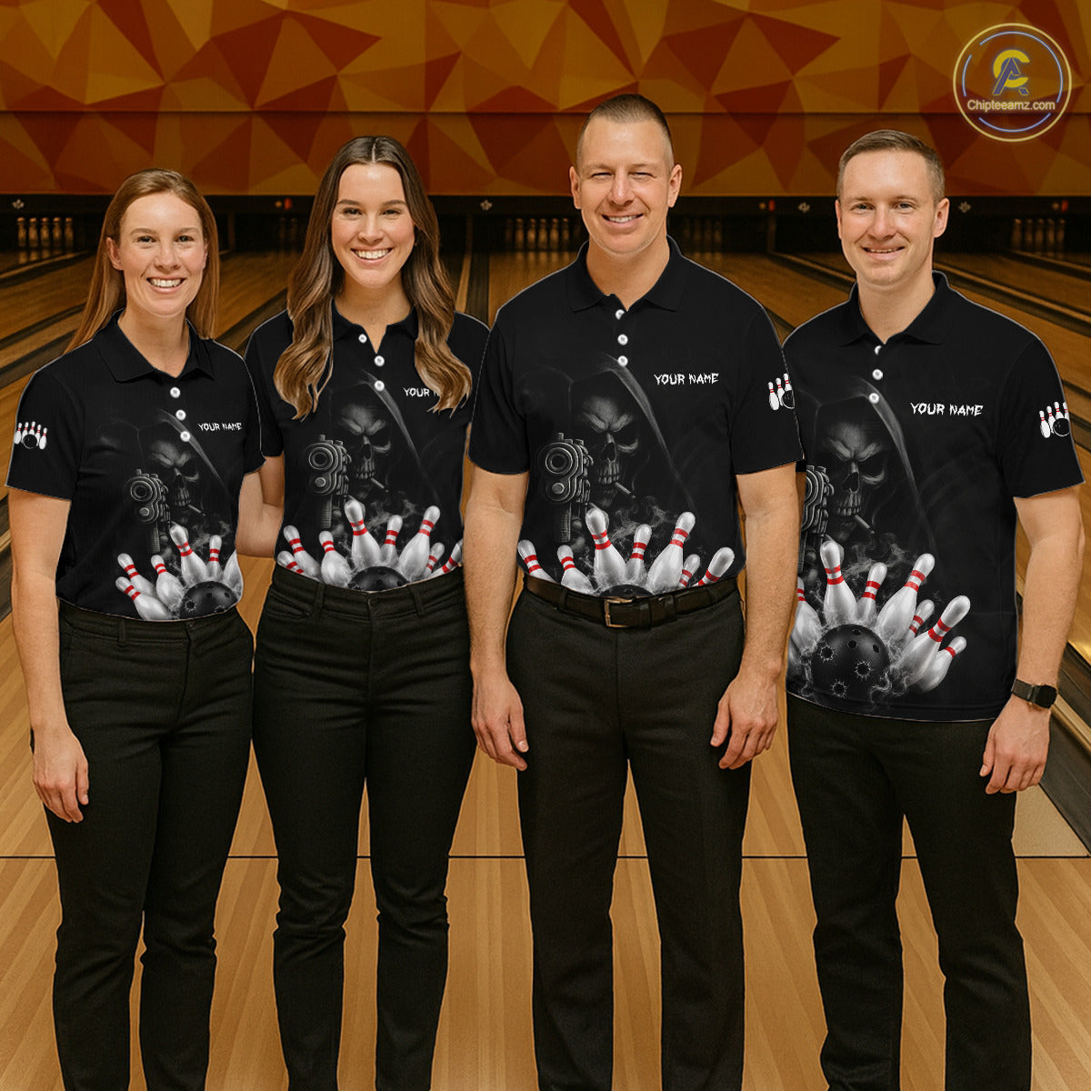 Bowling team wearing matching funny Grim Reaper smoke bowling team jerseys featuring premium Grim Reaper smoke graphics, front view.