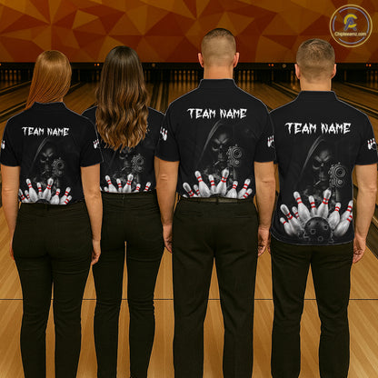 Bowling team wearing matching funny Grim Reaper smoke bowling team jerseys featuring premium Grim Reaper smoke graphics, back view.