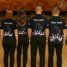 Load image into Gallery viewer, Bowling team wearing matching funny Grim Reaper smoke bowling team jerseys featuring premium Grim Reaper smoke graphics, back view.