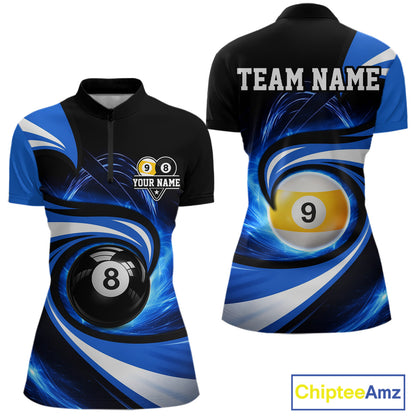 Black And Blue 8 Ball & 9 Ball Billiard Shirt For Women Custom Pool Jersey Team Polo & 1/4 Zip TDM6343