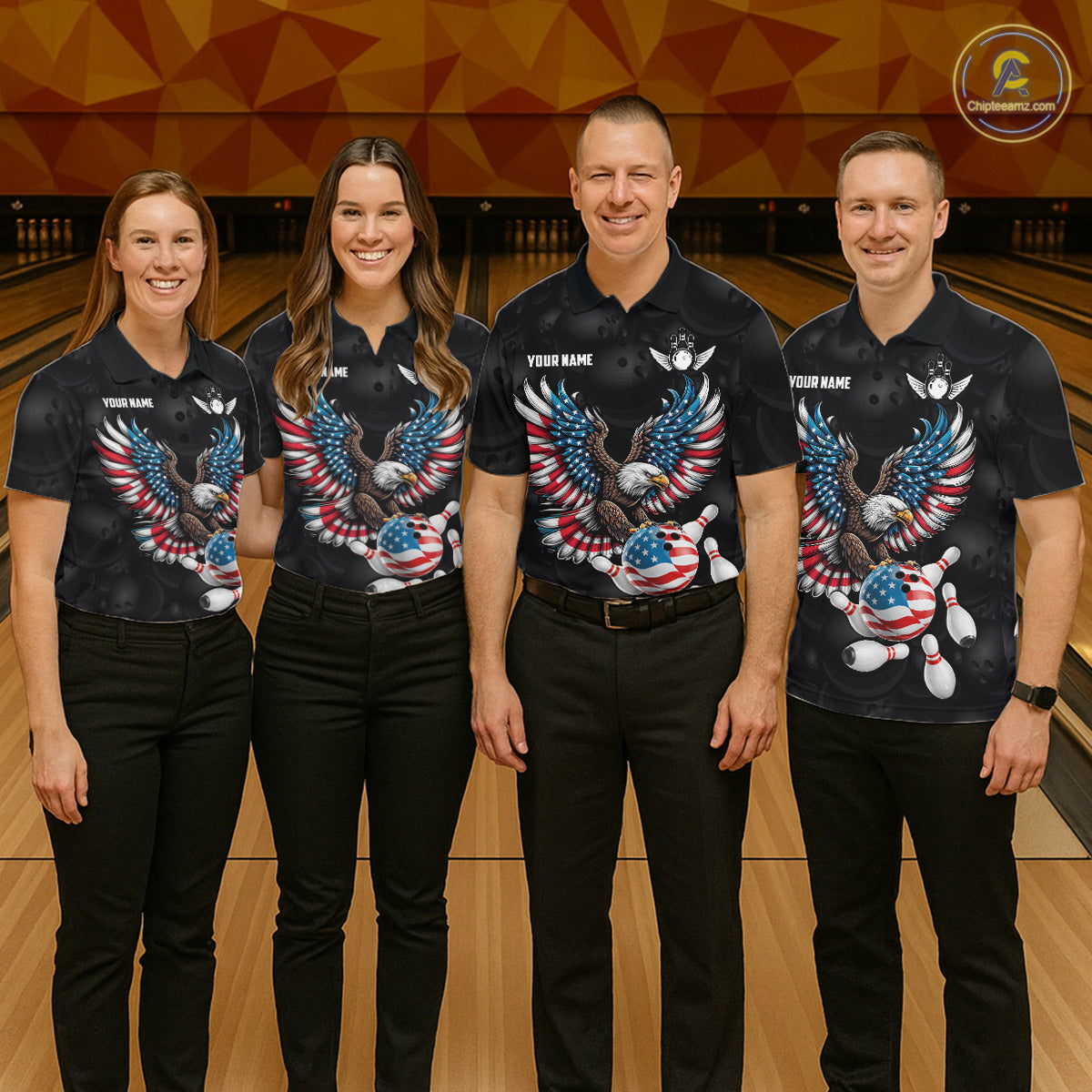 Personalized American Flag Eagle Bowling Polo & 1/4 Zip For Women, Patriotic Bowling Team Jersey TDM6098