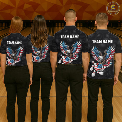 Personalized American Flag Eagle Bowling Polo & 1/4 Zip For Women, Patriotic Bowling Team Jersey TDM6098