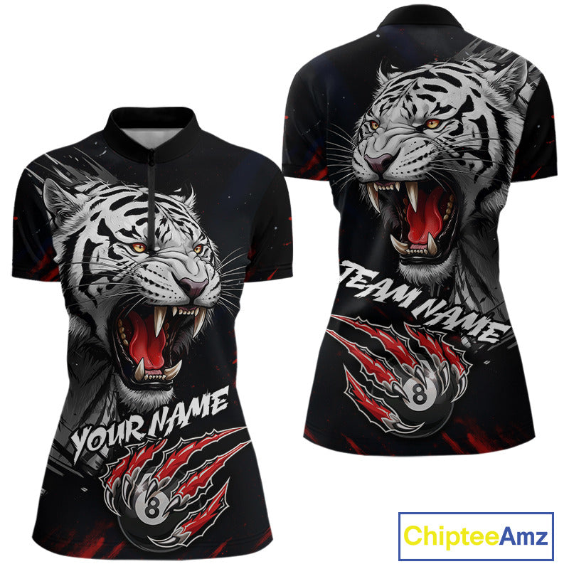 Personalized Tiger 8 Ball Pool Billiard Shirt For Women, Billiard Team Jersey Polo & 1/4 Zip |Red TDM5495