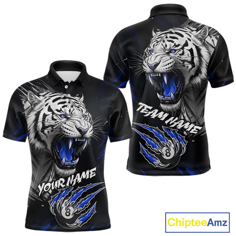 Personalized Tiger 8 Ball Pool Billiard Shirt For Men, Billiard Team Jersey Polo & 1/4 Zip |Blue TDM5496