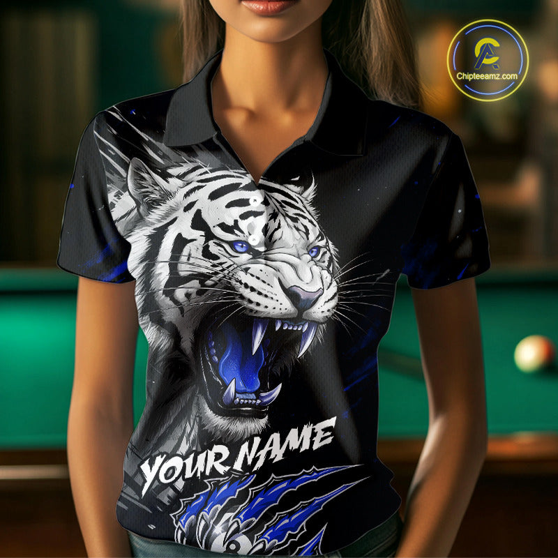 Personalized Tiger 8 Ball Pool Billiard Shirt For Women, Billiard Team Jersey Polo & 1/4 Zip |Blue TDM5496