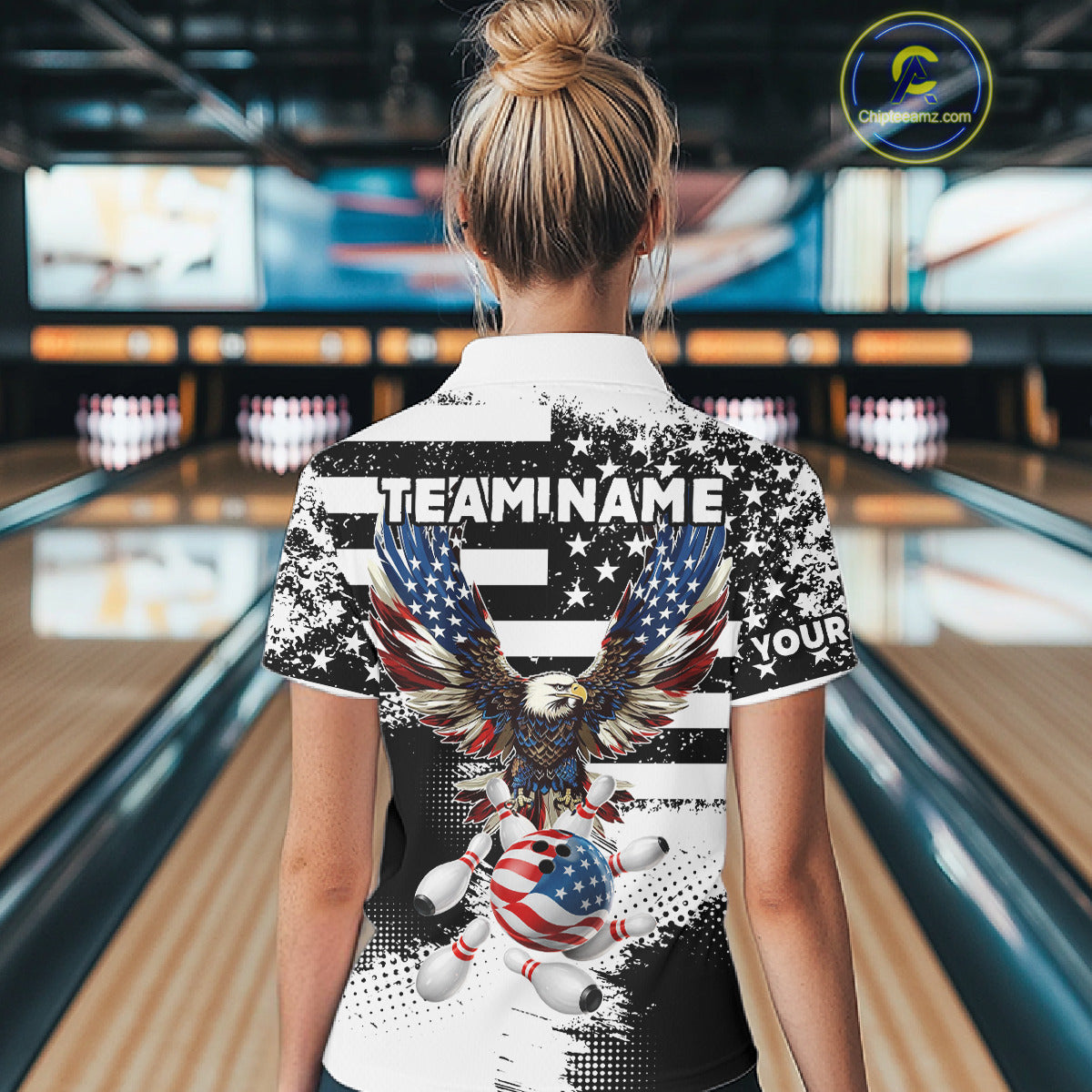 Custom Bowling Shirts For Women, Grunge Eagle American Flag Bowling Jersey Team Polo & 1/4 Zip TDM6545
