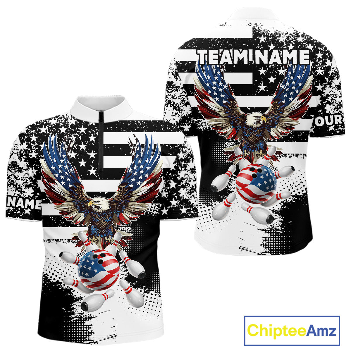 Custom Bowling Shirts For Men, Grunge Eagle American Flag Bowling Jersey Team Polo & 1/4 Zip TDM6545