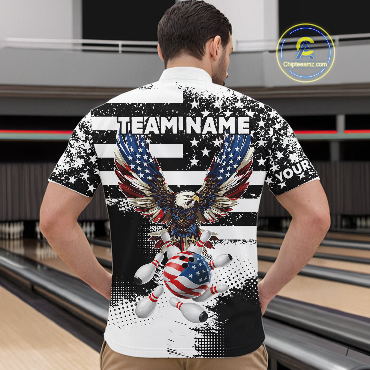 Custom Bowling Shirts For Men, Grunge Eagle American Flag Bowling Jersey Team Polo & 1/4 Zip TDM6545
