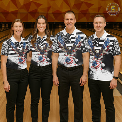 Custom Bowling Shirts For Women, Grunge Eagle American Flag Bowling Jersey Team Polo & 1/4 Zip TDM6545