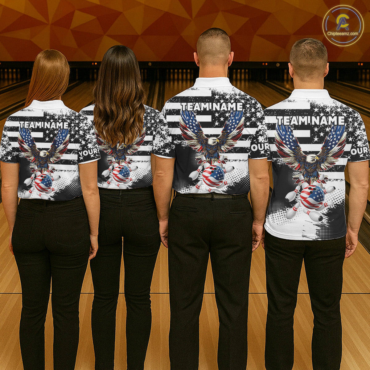 Custom Bowling Shirts For Women, Grunge Eagle American Flag Bowling Jersey Team Polo & 1/4 Zip TDM6545