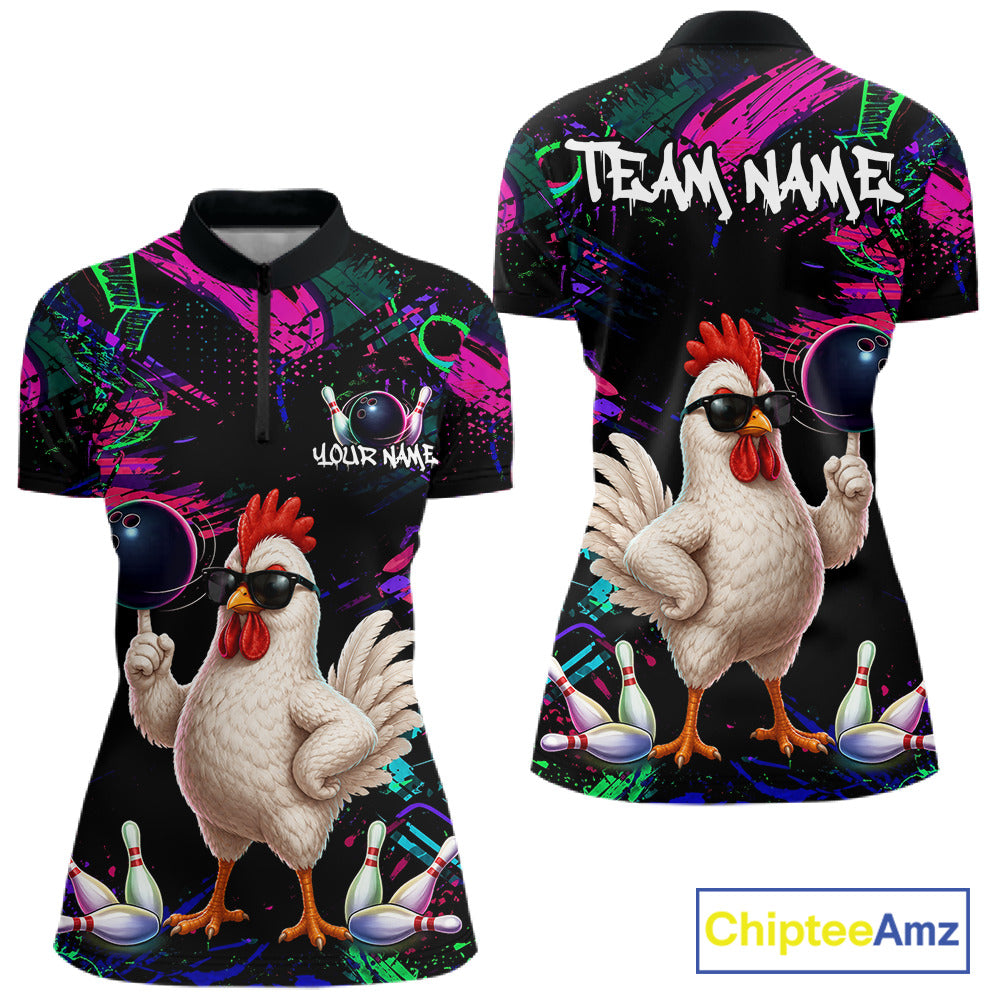 Personalized Funny Chicken Graffiti Bowling Jersey For Women, Bowling Team Shirts Polo & 1/4 Zip TDM6556