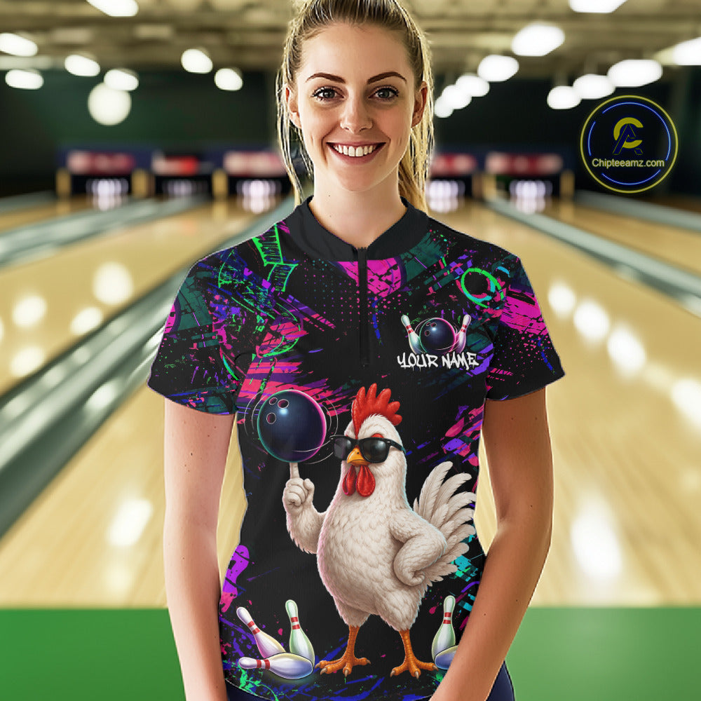 Personalized Funny Chicken Graffiti Bowling Jersey For Women, Bowling Team Shirts Polo & 1/4 Zip TDM6556