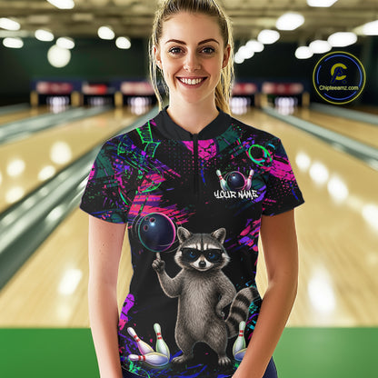 Personalized Funny Raccoon Graffiti Bowling Jersey For Women, Bowling Team Shirts Polo & 1/4 Zip TDM6557