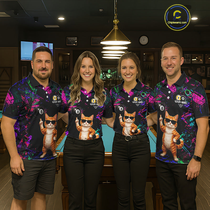 Funny Cat 8 Ball & 9 Ball Graffiti Billiard Shirts For Men Custom Pool Team Jersey Polo & 1/4 Zip TDM6559