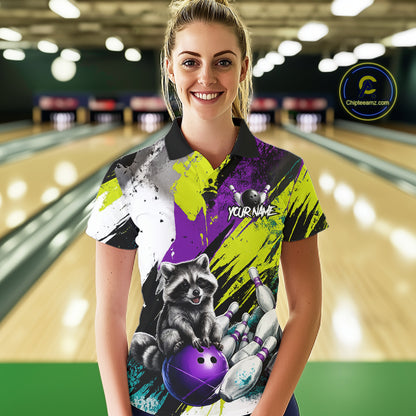 Custom Funny Raccoon Bowling Jersey For Women Custom Bowling Team Shirts Polo & 1/4 Zip, Bowling Gifts TDM6571
