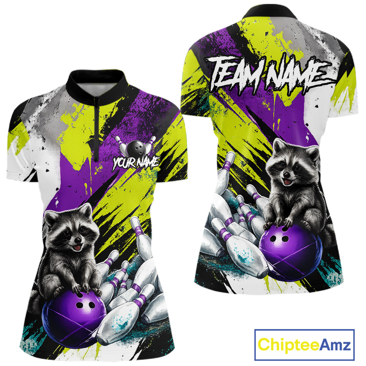 Custom Funny Raccoon Bowling Jersey For Women Custom Bowling Team Shirts Polo & 1/4 Zip, Bowling Gifts TDM6571