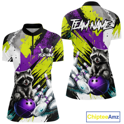 Custom Funny Raccoon Bowling Jersey For Women Custom Bowling Team Shirts Polo & 1/4 Zip, Bowling Gifts TDM6571