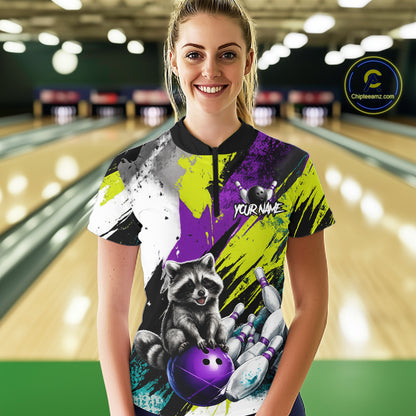 Custom Funny Raccoon Bowling Jersey For Women Custom Bowling Team Shirts Polo & 1/4 Zip, Bowling Gifts TDM6571