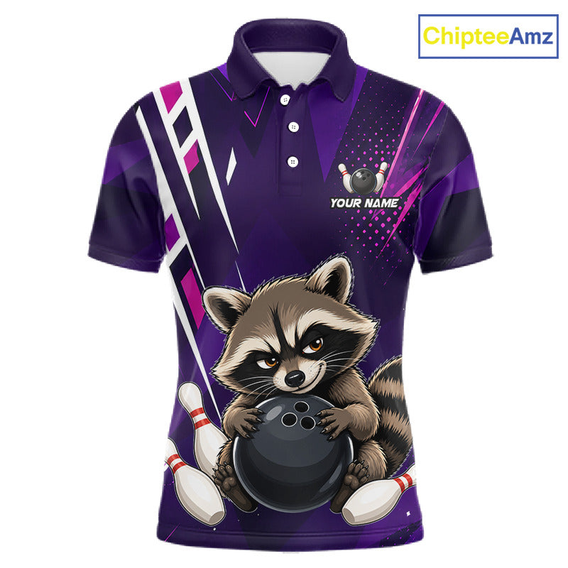 Custom purple funny raccoon bowling team jersey polo shirt for men featuring a playful raccoon bowling design, premium custom bowling team apparel and unique gift for bowlers.