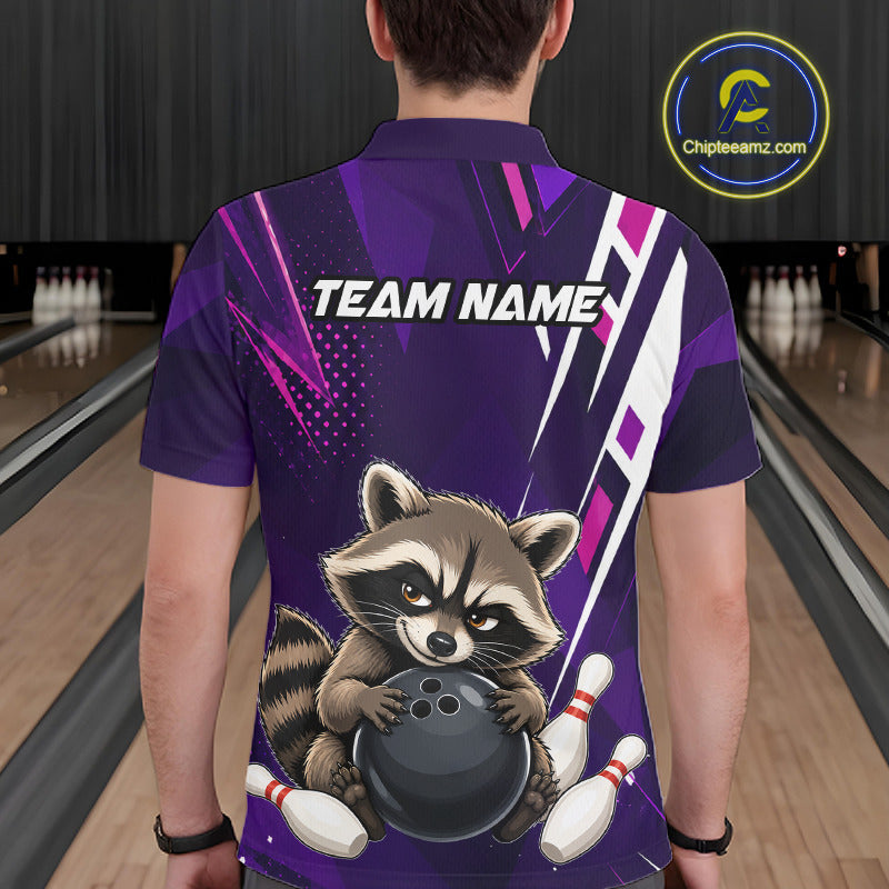 Man wearing custom purple funny raccoon bowling team jersey polo shirt featuring funny raccoon artwork, back view.