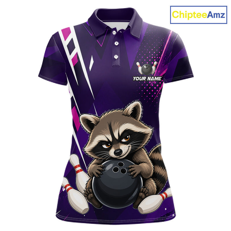 Custom purple funny raccoon bowling team jersey polo shirt for women featuring a playful raccoon bowling design, premium custom bowling team apparel and unique gift for bowlers.