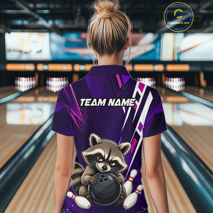 Woman wearing custom purple funny raccoon bowling team jersey polo shirt featuring funny raccoon artwork, back view.