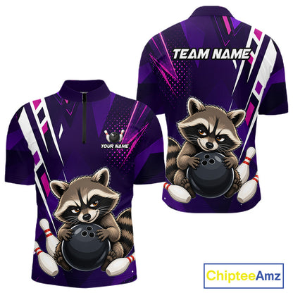 Custom purple funny raccoon bowling team jersey quarter zip shirt for men featuring funny raccoon bowling artwork, premium custom bowling apparel.