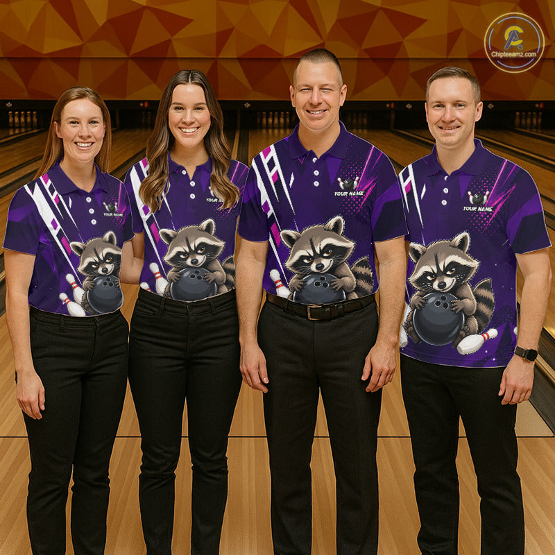 Bowling team wearing matching custom purple funny raccoon bowling team jerseys, front view.