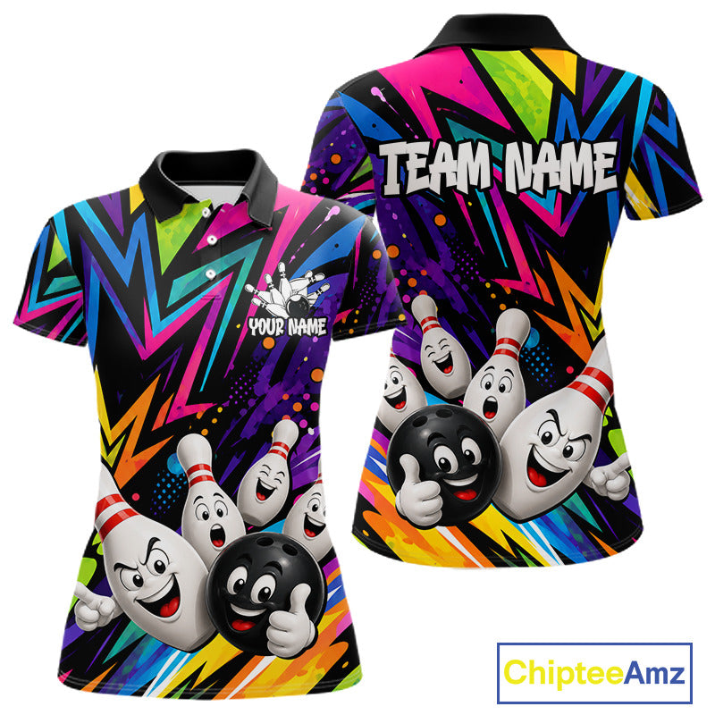 Funny colorful bowling ball bowling team jersey polo shirt for women featuring vibrant colorful bowling ball artwork, premium custom bowling team apparel and gift for bowlers.