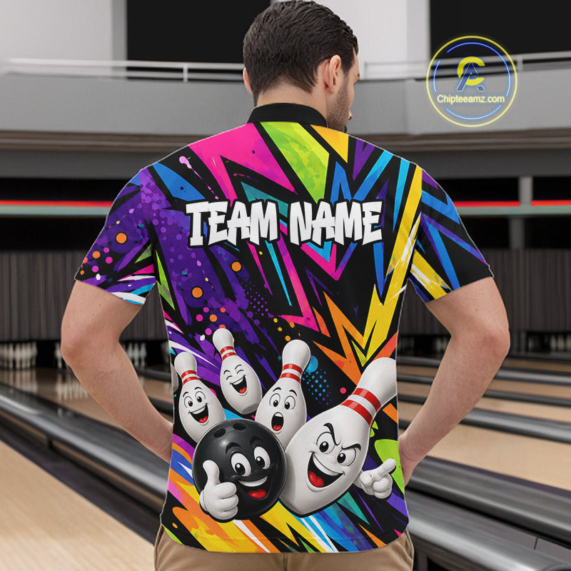 Man wearing funny colorful bowling ball bowling team jersey quarter zip shirt featuring colorful bowling ball artwork, back view.