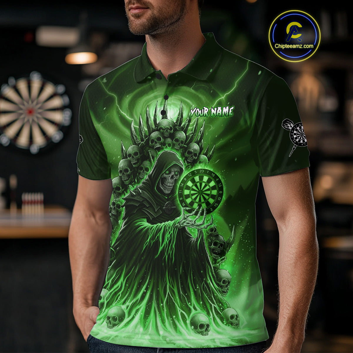 Personalized Green Grim Reaper Darts Jersey For Men Custom Skull Darts Team Polo & Quarter Zip  TDM5060