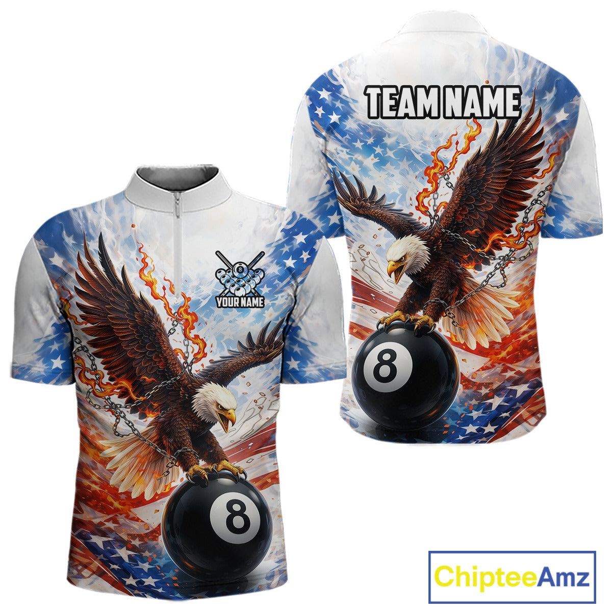 American Flag Eagle 8 Ball Billiard Shirt For Men Custom Patriotic Pool Team Jersey Polo & 1/4 Zip TDM6156