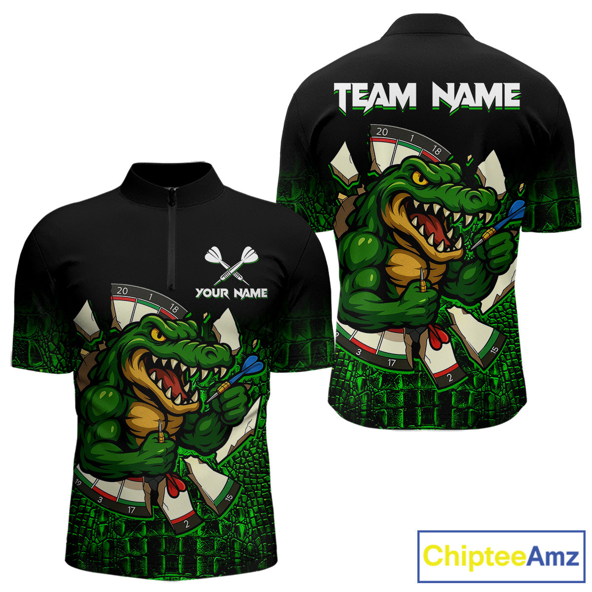 Black And Green Funny Alligator Darts Shirt For Men Custom Darts Jersey Team Polo & 1/4 Zip TDM4877