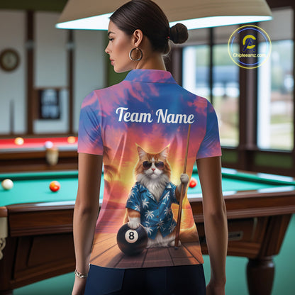 Personalized Funny Cat Sunset Billiard Shirt For Women Custom 8 Ball Pool Team Jersey Polo & 1/4 Zip TDM6414
