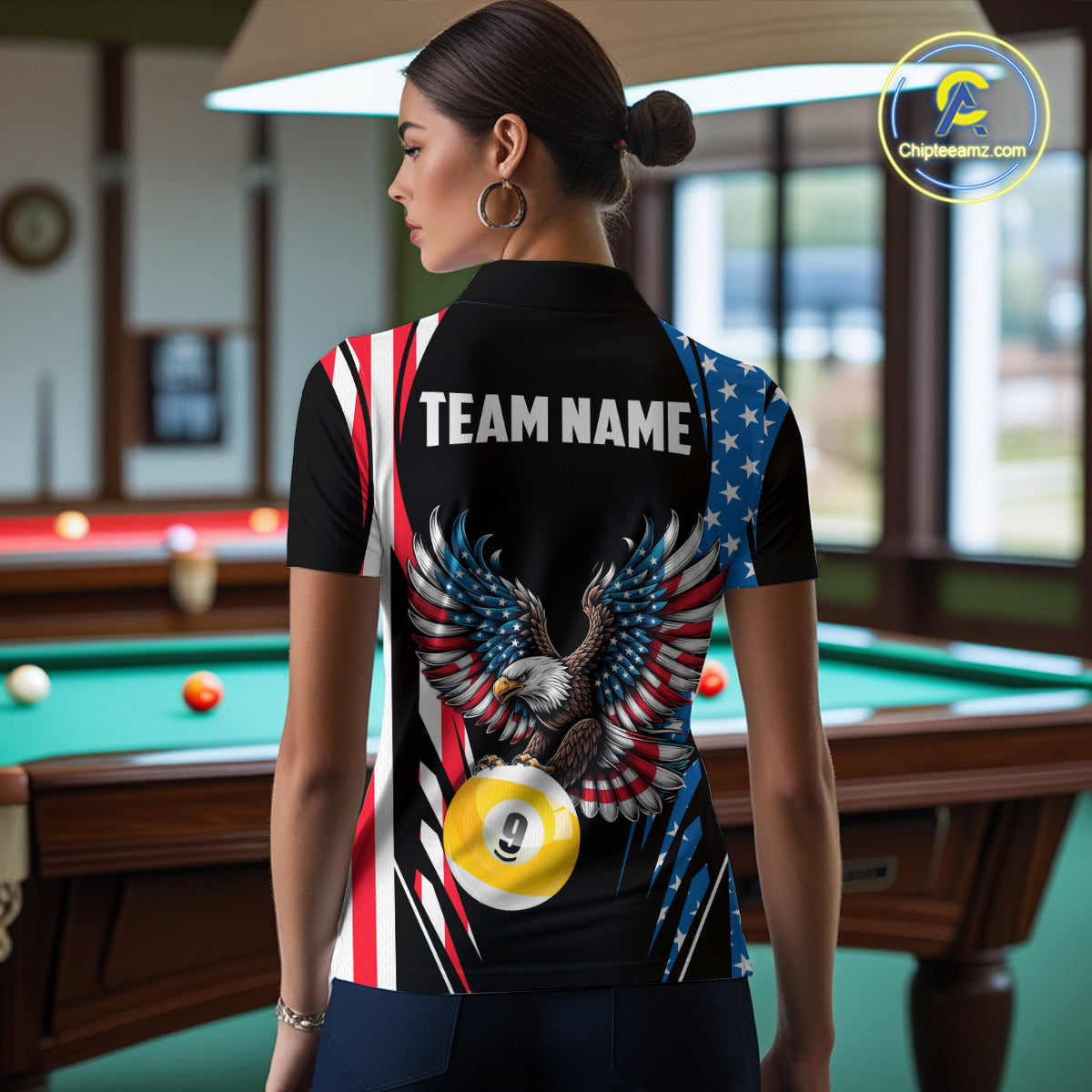American Flag Eagle 8 Ball & 9 Ball Billiard Shirt For Women Custom Patriotic Pool Team Jersey TDM5314