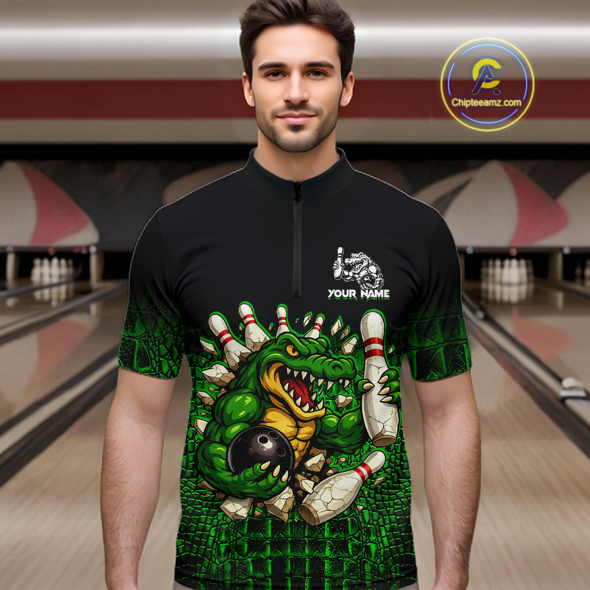 Black And Green Funny Alligator Bowling Shirt For Men Custom Bowling Jersey Team Polo & 1/4 Zip TDM5818
