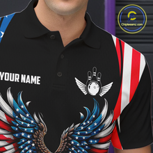 Load image into Gallery viewer, Personalized American Flag Eagle Bowling Polo &amp; 1/4 Zip For Men, Patriotic Bowling Team Jersey TDM5822